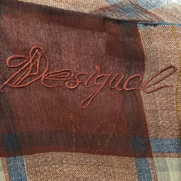 Desigual Empire-Waist Burgundy Plaid Embroidered Fringe Peasant Top Tunic -Sz L - Picture 9 of 15